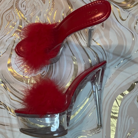 Fuzzy Red Clear Slide On Stiletto Heel Round Open Toe - Picture 3 of 4